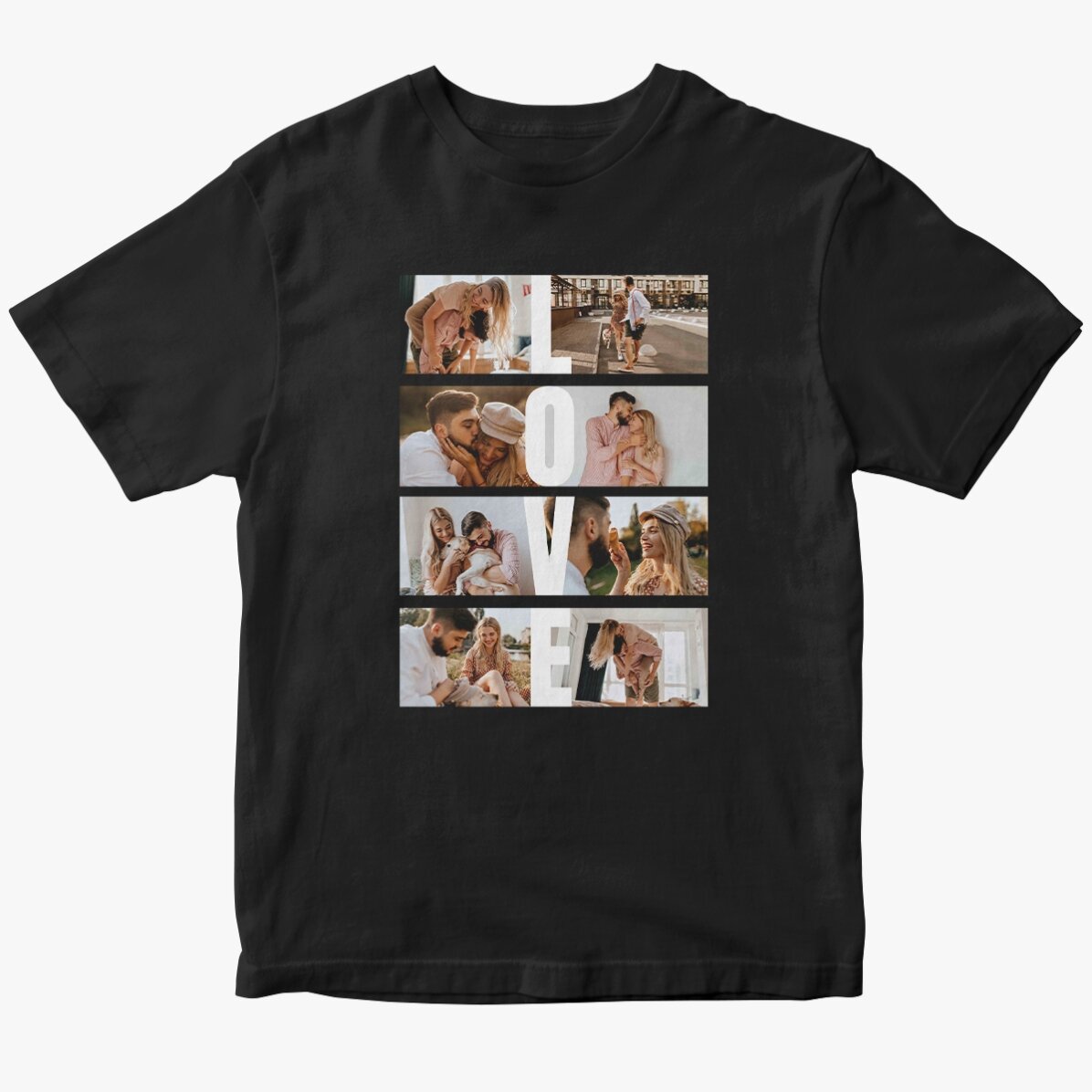 Personalisiertes Baumwoll-T-Shirt mit 8 Fotos und Text – LOVE
