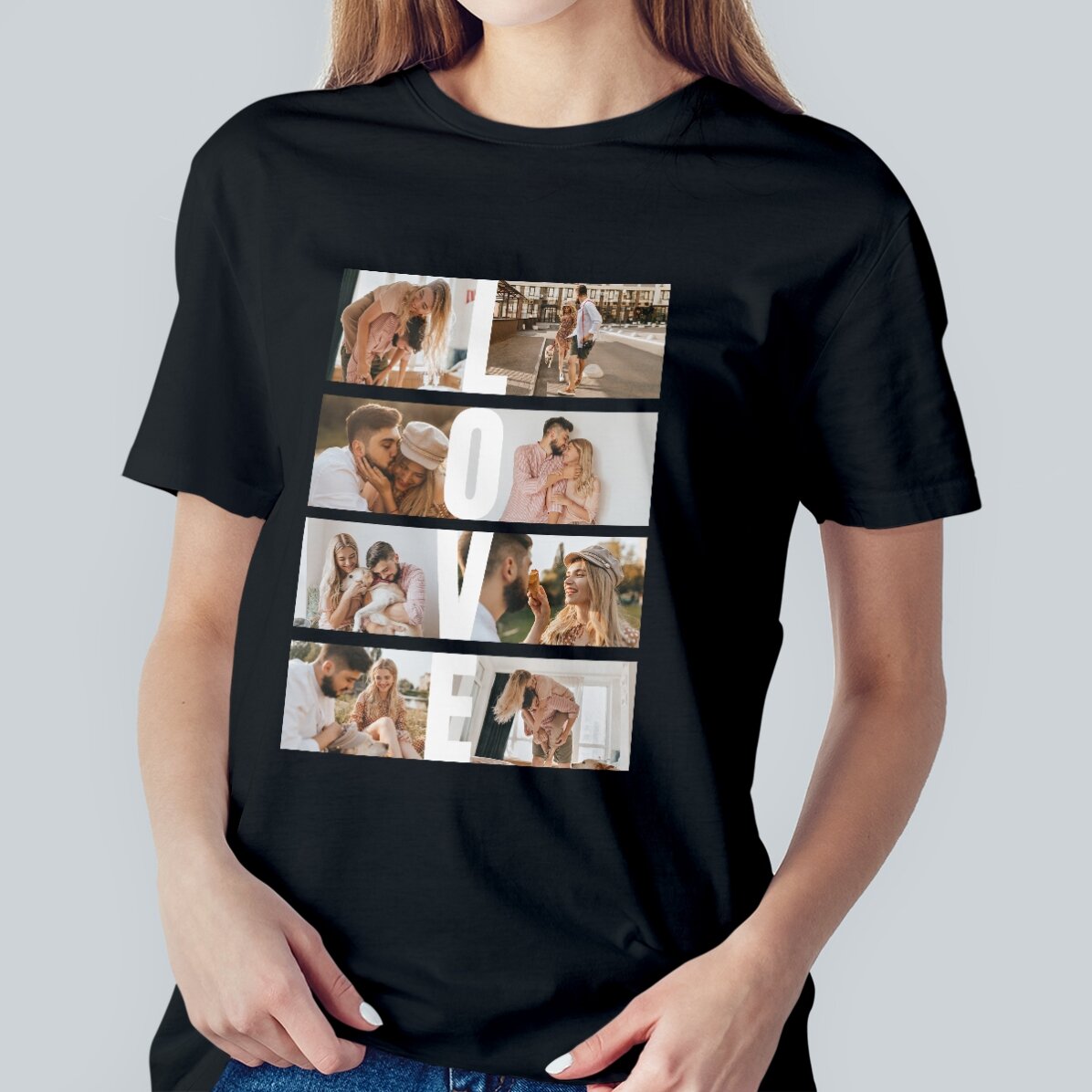 Personalisiertes Baumwoll-T-Shirt mit 8 Fotos und Text – LOVE