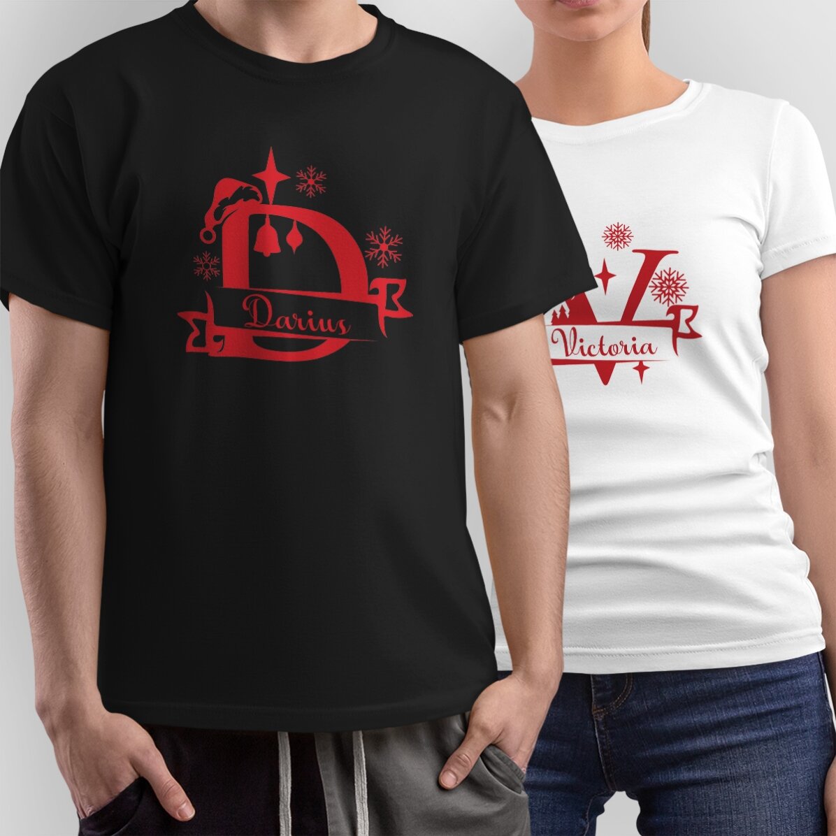 Personalisiertes Baumwoll-T-Shirt mit Initiale und Namen – Weihnachtsmotiv