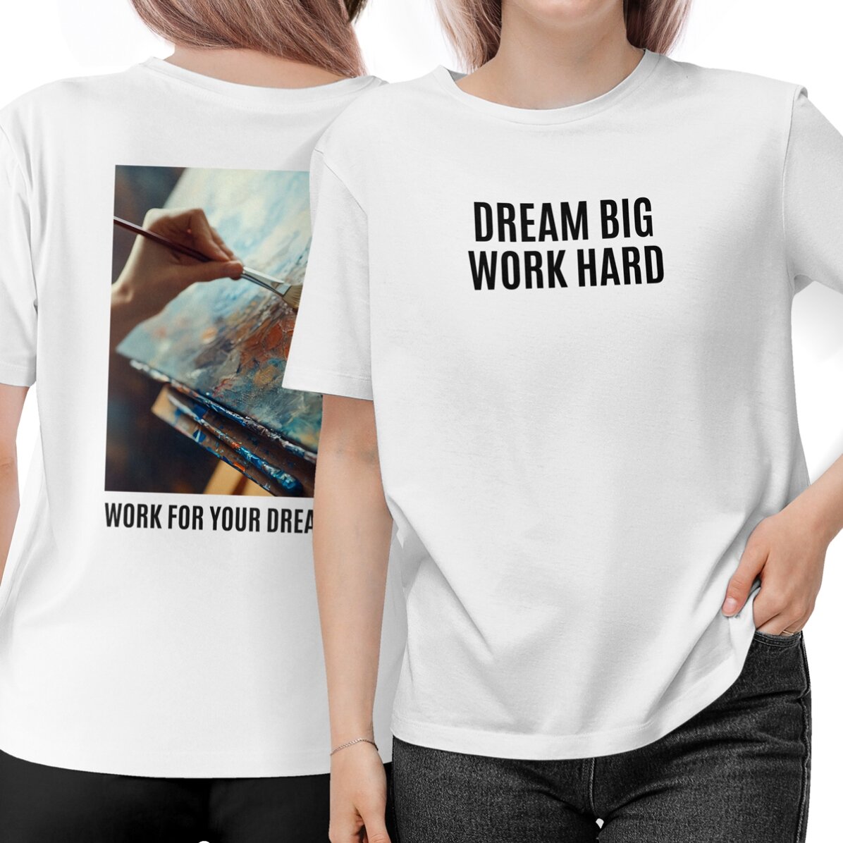 Personalisiertes Baumwoll-T-Shirt mit Aufdrucken und Foto auf Vorder- und Rückseite