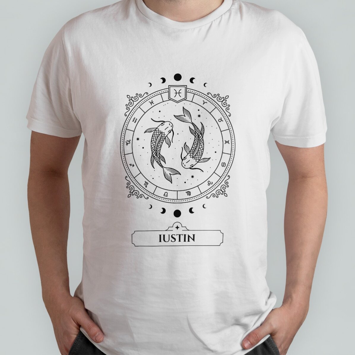 Personalisiertes Baumwoll-T-Shirt mit Namen und Sternzeichen – Fische