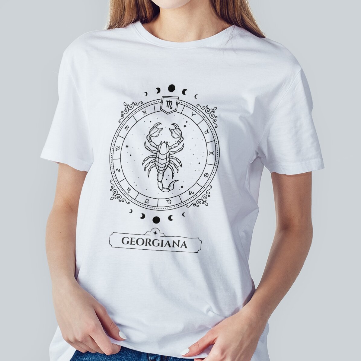 Personalisiertes Baumwoll-T-Shirt mit Namen und Sternzeichen – Skorpion