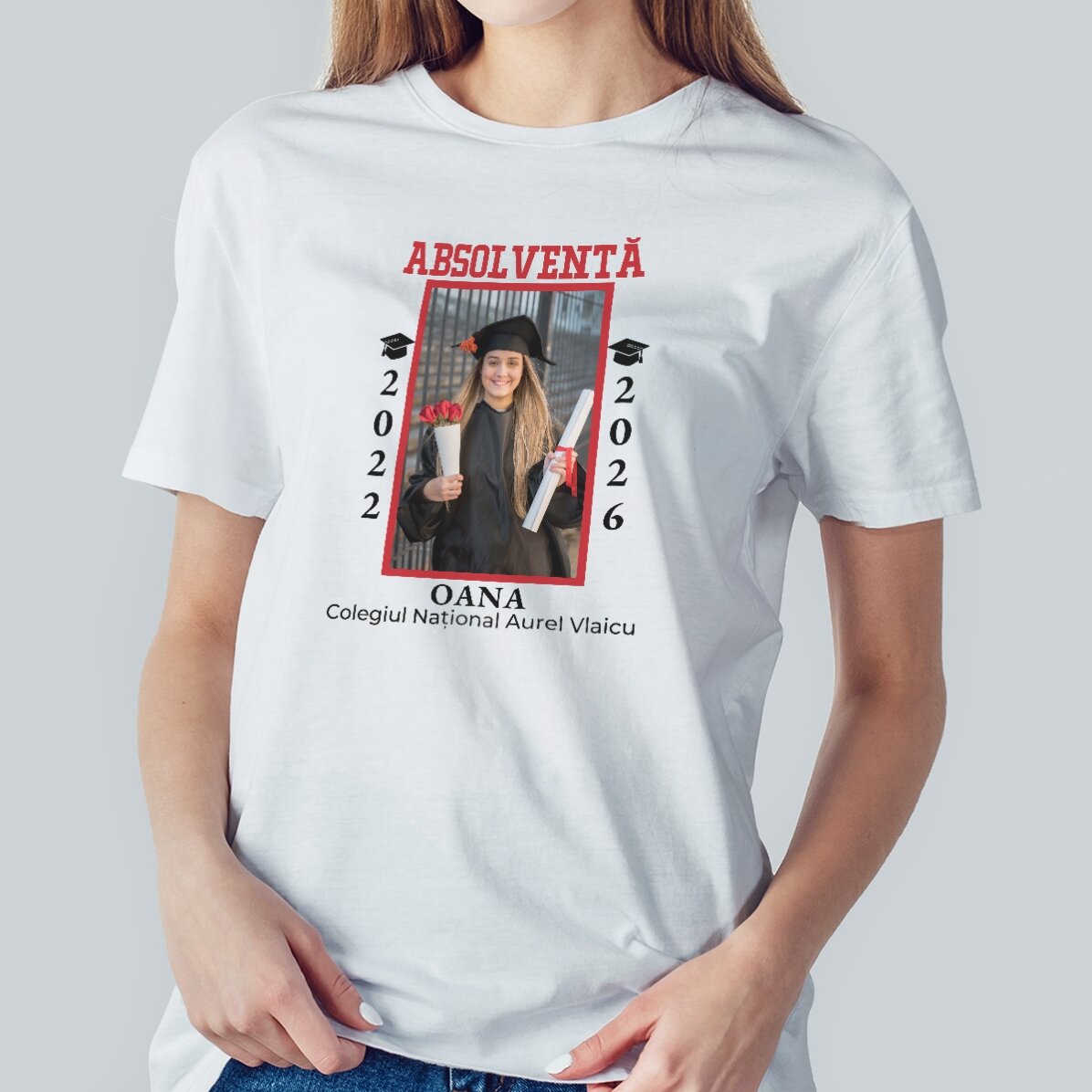 Personalisiertes Baumwoll-T-Shirt mit Foto und Text – Schulabschluss