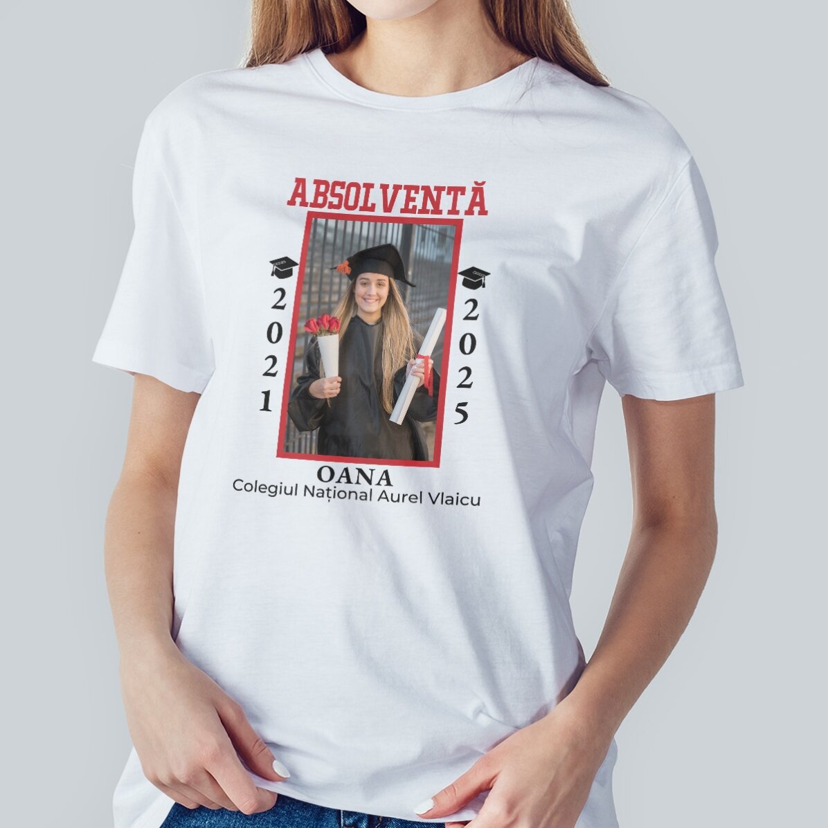 Personalisiertes Baumwoll-T-Shirt mit Foto und Text – Schulabschluss