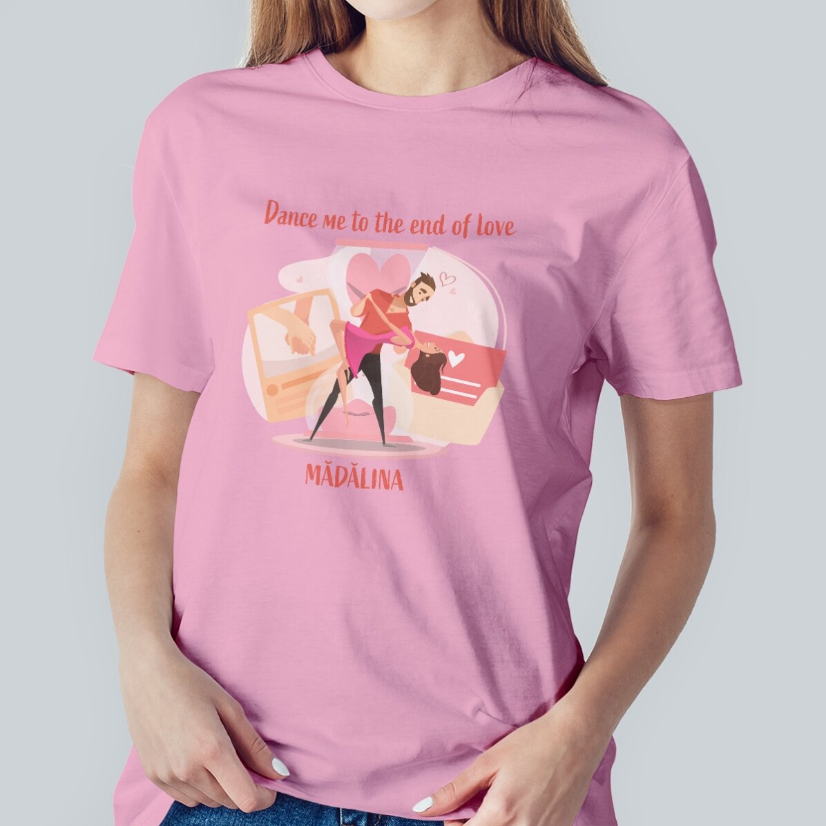 Personalisiertes Baumwoll-T-Shirt mit Aufdruck – „Dance me to the end of love“