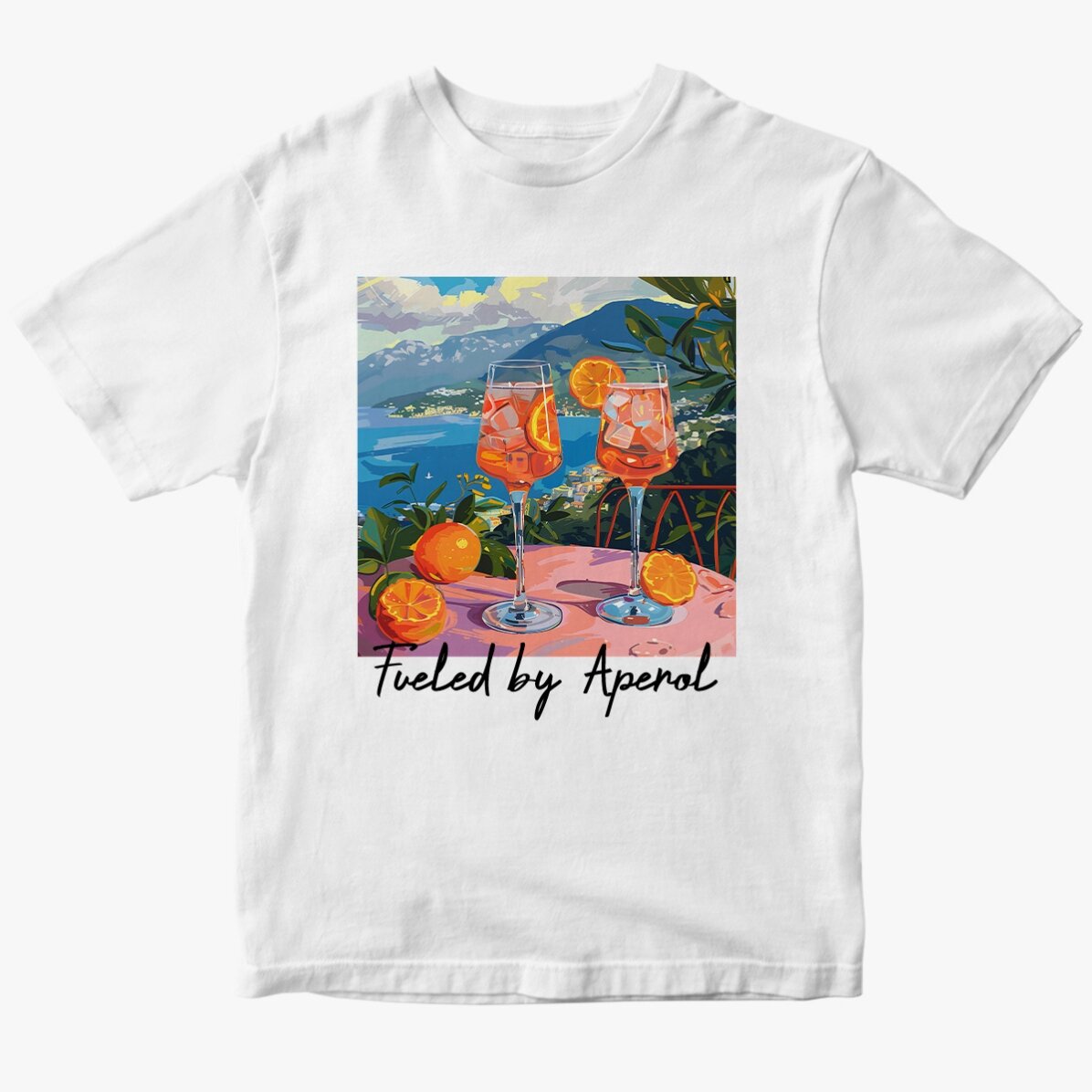 Personalisiertes Baumwoll-T-Shirt mit Aufdruck – Fueled by Aperol