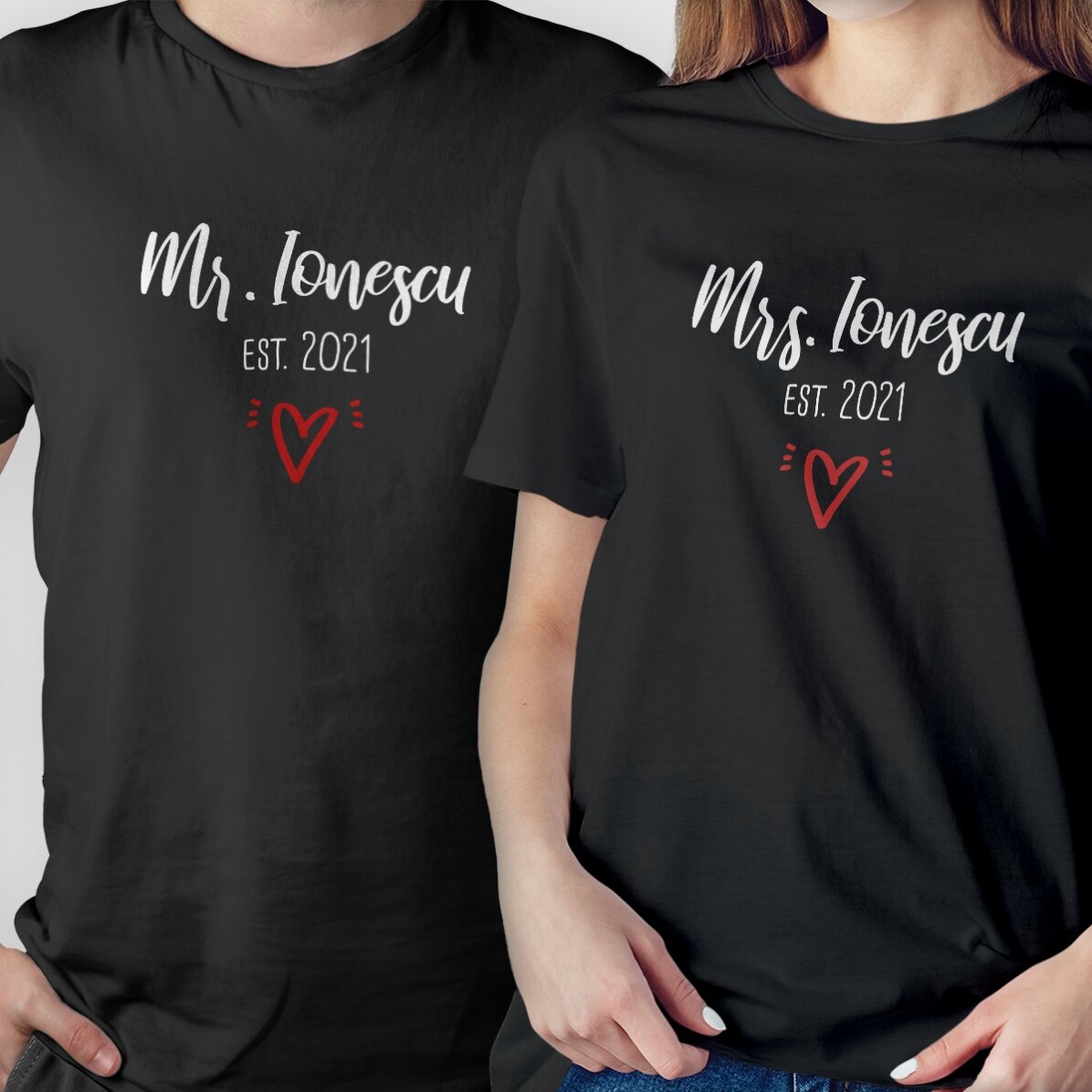 Personalisiertes Baumwoll-T-Shirt mit Aufdruck – Mr & Mrs