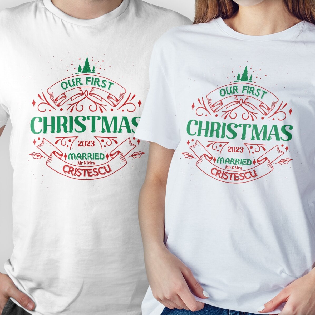 Personalisiertes Baumwoll-T-Shirt mit Aufdruck – „Our first Christmas“