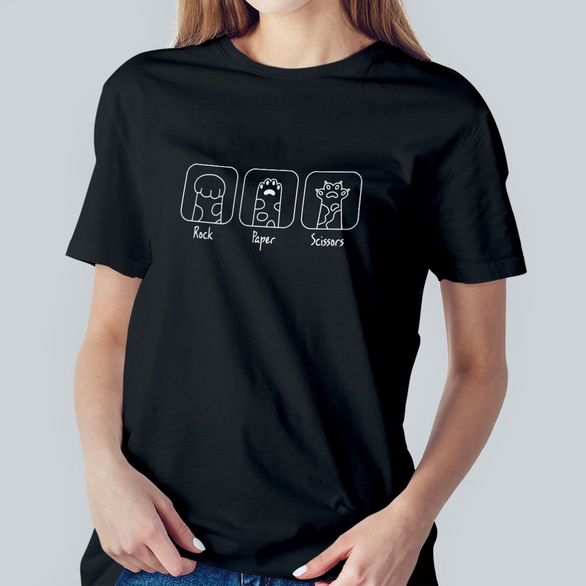 Personalisiertes Baumwoll-T-Shirt mit Aufdruck – Rock, Paper, Scissors