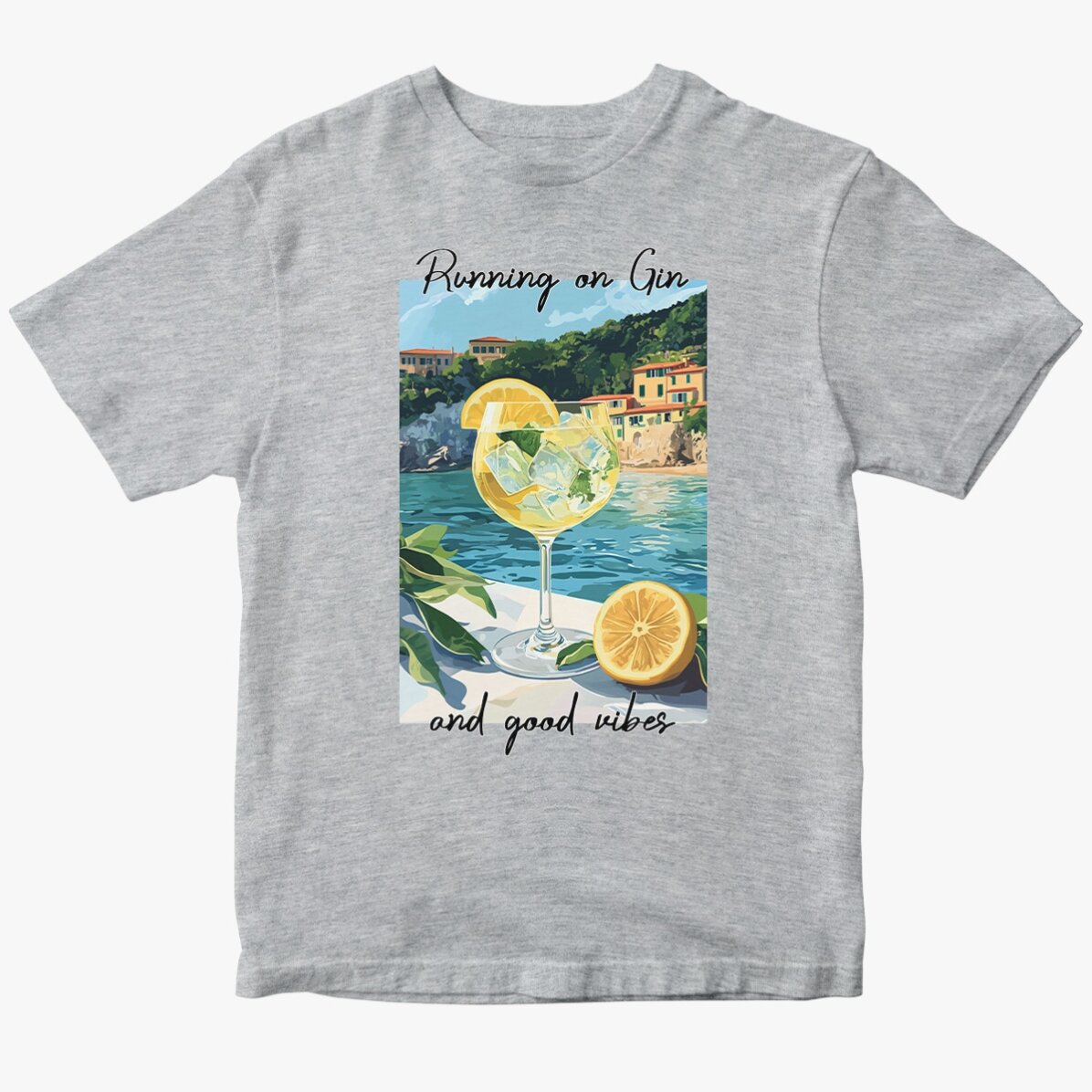 Personalisiertes Baumwoll-T-Shirt mit Aufdruck – Running on Gin