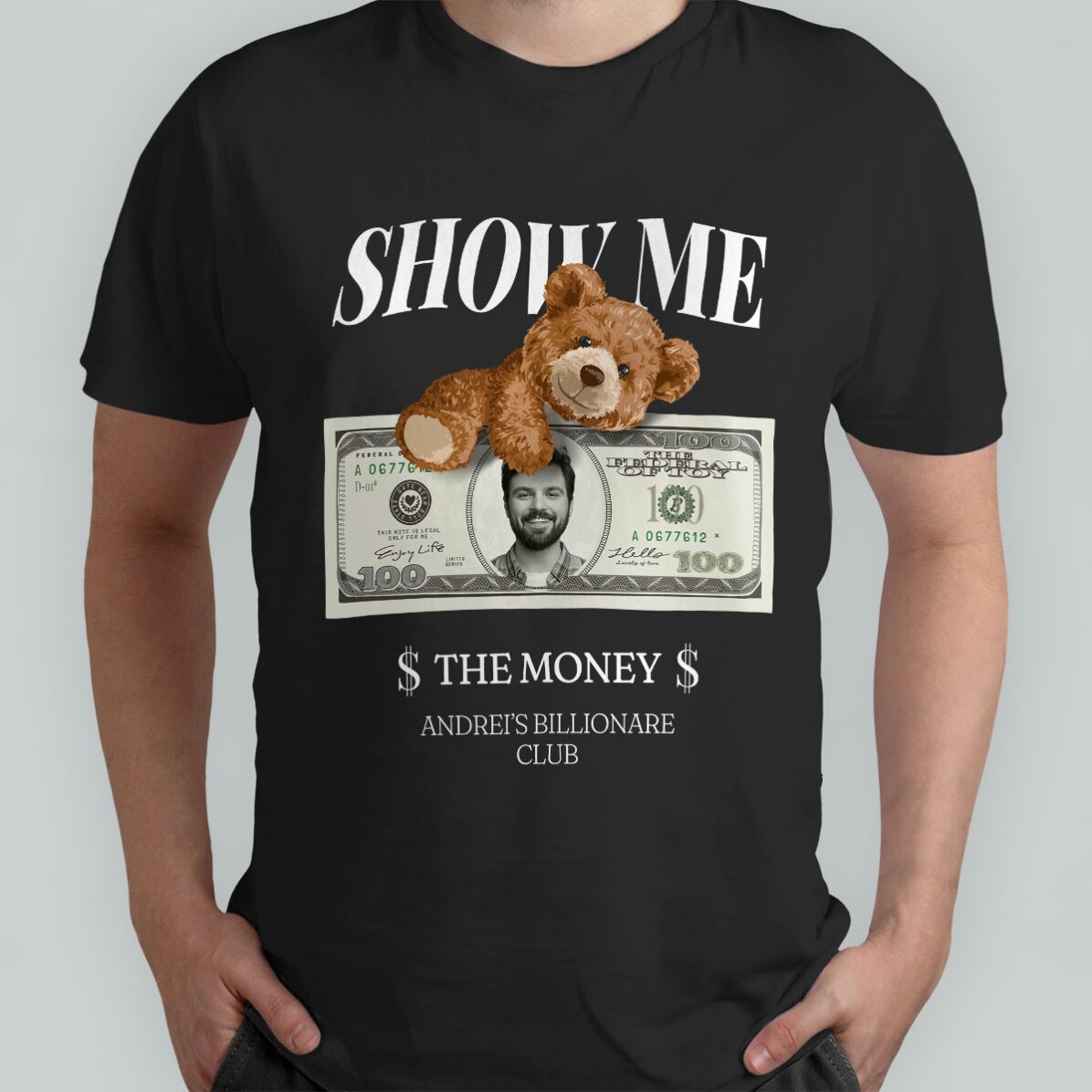 Personalisiertes Baumwoll-T-Shirt mit Foto und Text – „Show me the money“