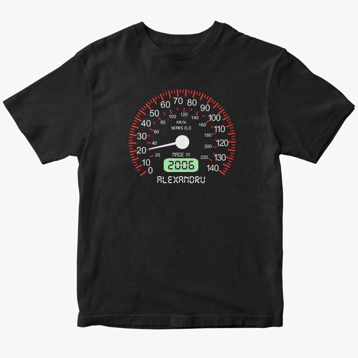 Personalisiertes Baumwoll-T-Shirt mit Aufdruck – Tachometer