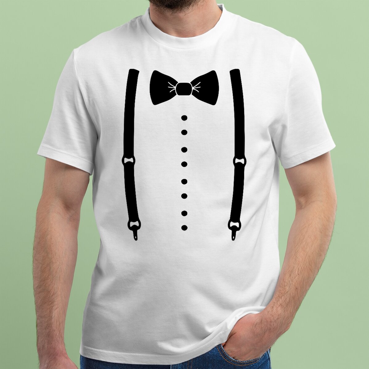Personalisiertes Baumwoll-T-Shirt für den Junggesellenabschied – Hosenträger und Fliege