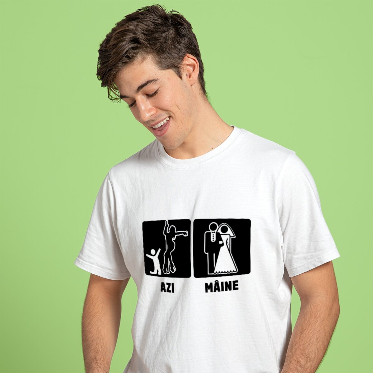 Personalisiertes Baumwoll-T-Shirt mit Aufdruck für den Junggesellenabschied – Heute, morgen