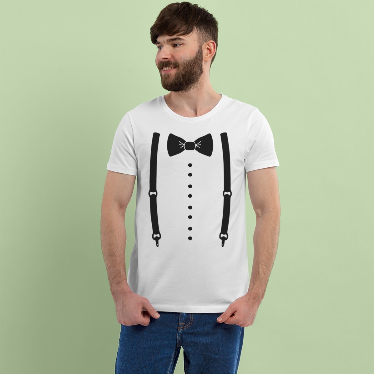 Personalisiertes Baumwoll-T-Shirt für den Junggesellenabschied – Hosenträger und Fliege