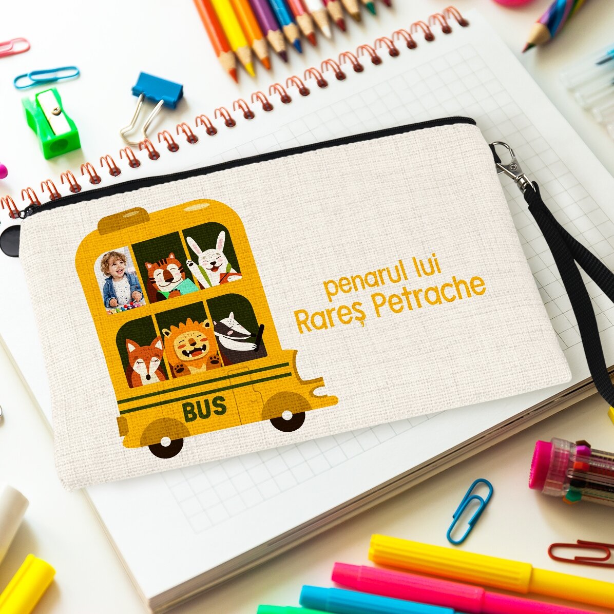 Personalised school kit with photo and text - Bus