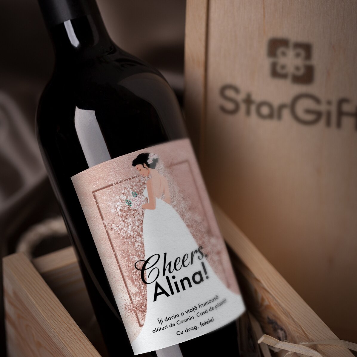 Personalisierter Wein mit einer Botschaft für die zukünftige Braut