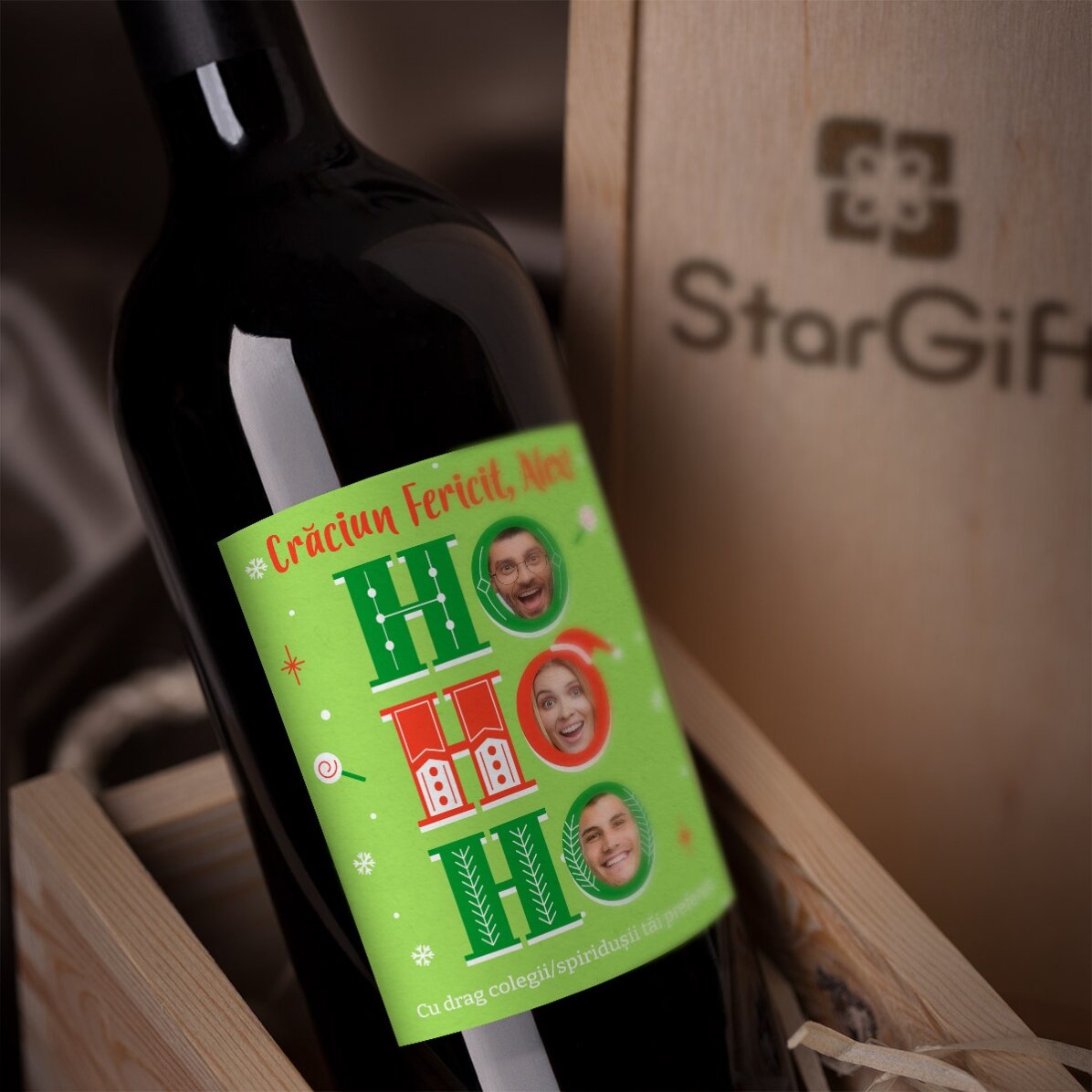 Personalisierter Wein mit einer Botschaft und 3 Weihnachtsfotos – HO HO HO